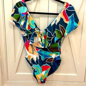 La Blanca multi blue/green low V neck ruffle One Piece Swimsuit Size 8